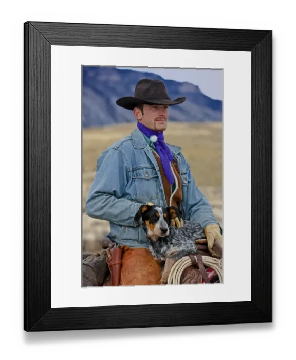 Framed Print : A cowboy and his dog sitting on his horse in the Big Horn MT of Wyoming Framed Print : A cowboy and his dog sitting on his horse in the Big Horn MT of Wyoming