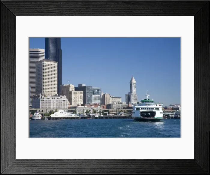 Framed Print : WA, Seattle, Seattle skyline with Washington State ferry and Smith Tower, from Elliott Framed Print : WA, Seattle, Seattle skyline with Washington State ferry and Smith Tower, from Elliott