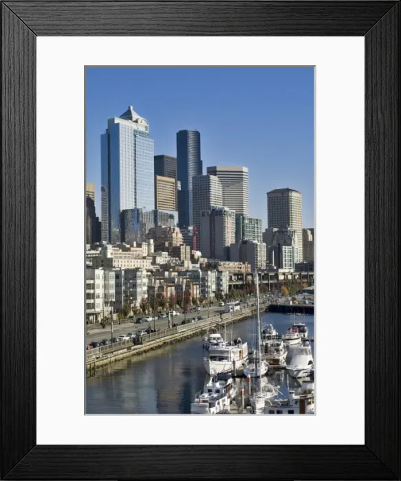 Framed Print : Seattle, Washington skyline seen from Pier 66 of Elliott Bay with boats in the public