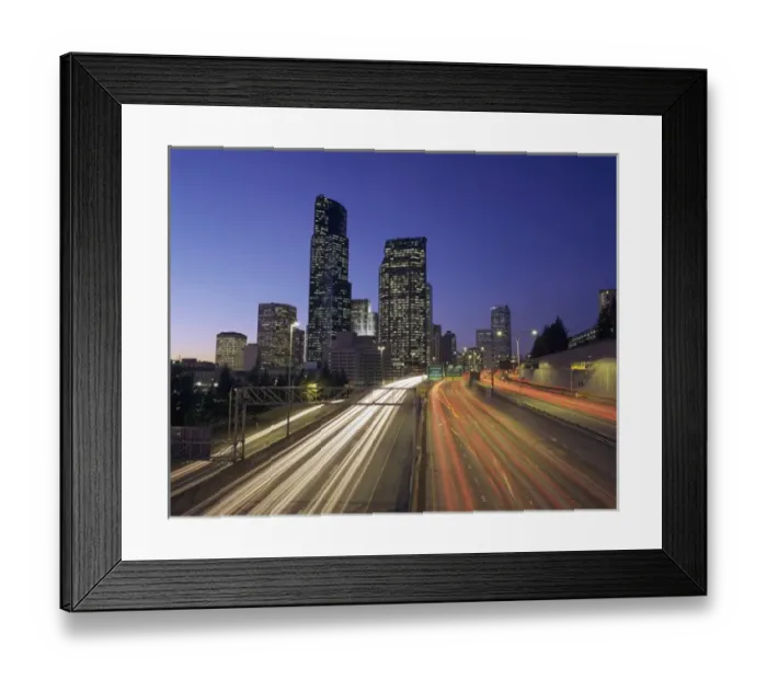 Framed Print : WA, Seattle, Seattle skyline with traffic on I-5 at night Framed Print : WA, Seattle, Seattle skyline with traffic on I-5 at night