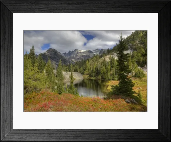 Framed Print : WA, Alpine Lakes Wilderness, Alpine tarn and Mount Daniel