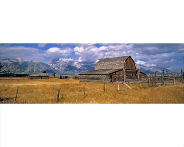 USA, Wyoming, Grand Teton NP. An old wooden barn is part of a homestead in Grand