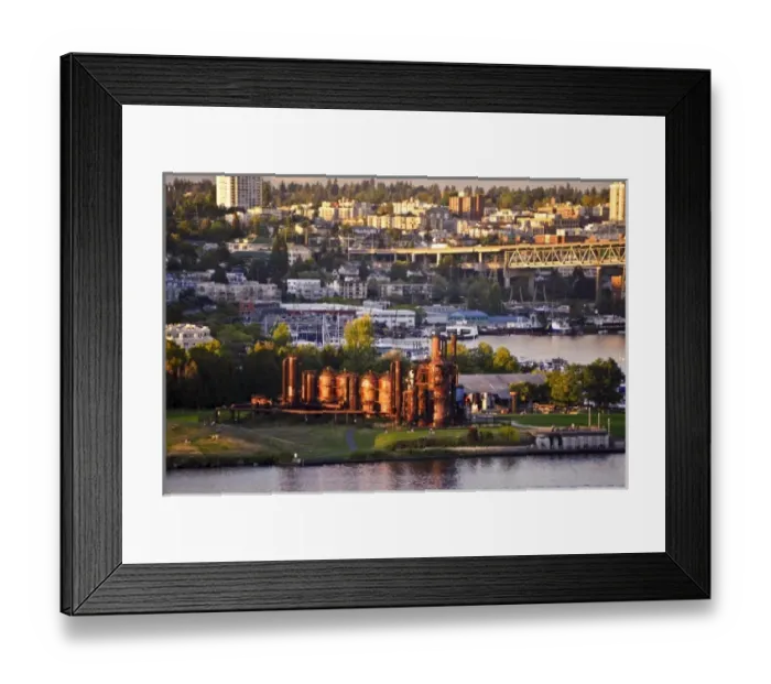 Framed Print : USA, Washington, Seattle. Mt. Rainier looms large over downtown Seattle on Lake Union