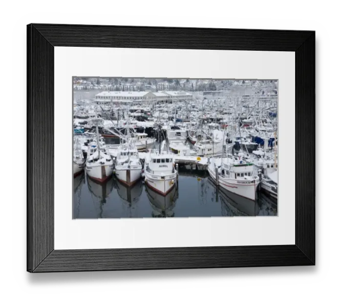 Framed Print : WA, Seattle, Fishermens Terminal, Fishing boats with snow
