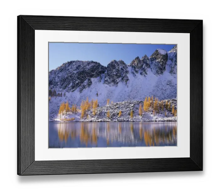 Framed Print : WA, Okanogan NF, Upper Eagle Lake and Sawtooth Ridge with golden Larch trees Framed Print : WA, Okanogan NF, Upper Eagle Lake and Sawtooth Ridge with golden Larch trees