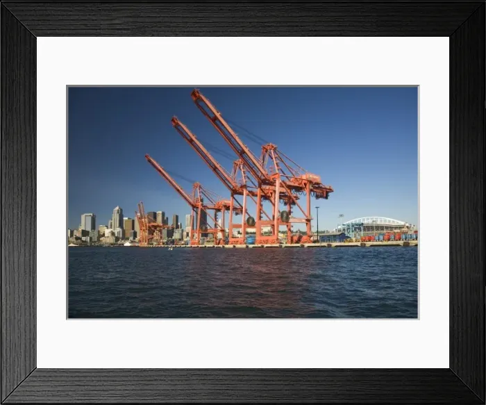 Framed Print : WA, Seattle, Seattle skyline with shipping cranes from Elliott Bay Framed Print : WA, Seattle, Seattle skyline with shipping cranes from Elliott Bay