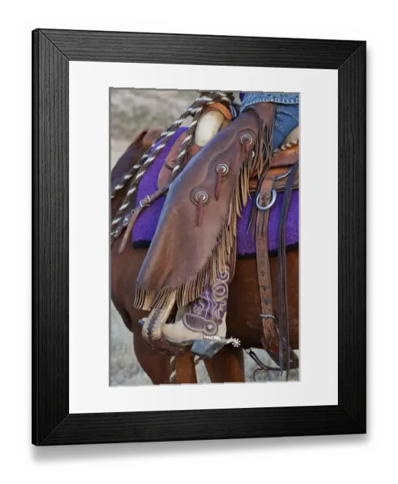 Framed Print : A close up of a cowgirls riding gear in Shell Wyoming