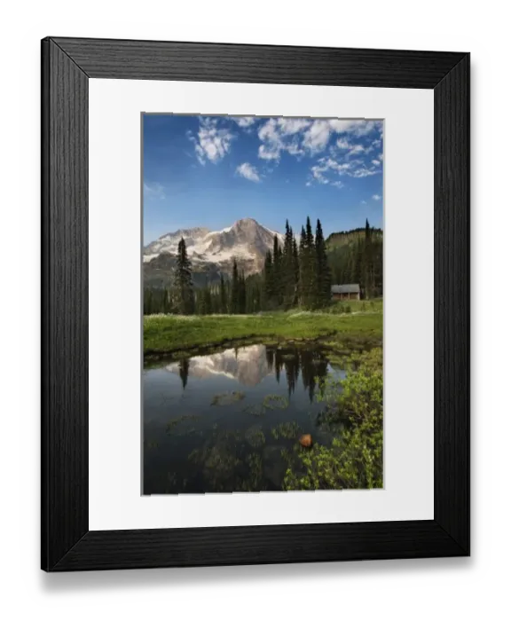 Framed Print : Wildflowers below the peak of Mount Rainier. A ptrol cabin near Indian Henry s Framed Print : Wildflowers below the peak of Mount Rainier. A ptrol cabin near Indian Henry s