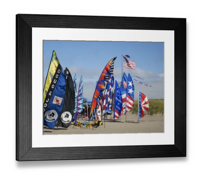 Framed Print : WA, Long Beach, International Kite Festival, Colorful banners and flag