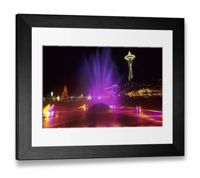 Framed Print : WA, Seattle, International Fountain with holiday lights and the Space Needle Seattle