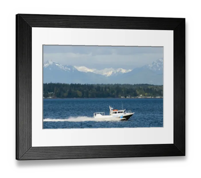 Framed Print : North America, USA, WA, Olympic Peninsula. Police escort for Victoria Clipper ferry Framed Print : North America, USA, WA, Olympic Peninsula. Police escort for Victoria Clipper ferry