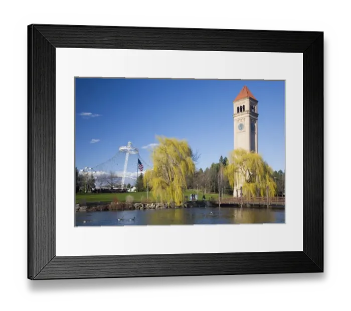 Framed Print : WA, Spokane, Riverfront Park, view across the Spokane River, the Clock Tower and the U Framed Print : WA, Spokane, Riverfront Park, view across the Spokane River, the Clock Tower and the U