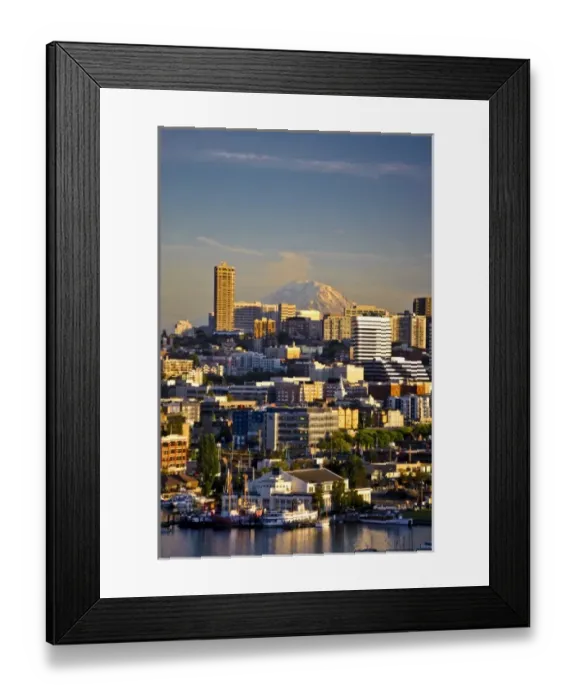 Framed Print : USA, Washington, Seattle. Mt. Rainier looms large over downtown Seattle on Lake Union Framed Print : USA, Washington, Seattle. Mt. Rainier looms large over downtown Seattle on Lake Union