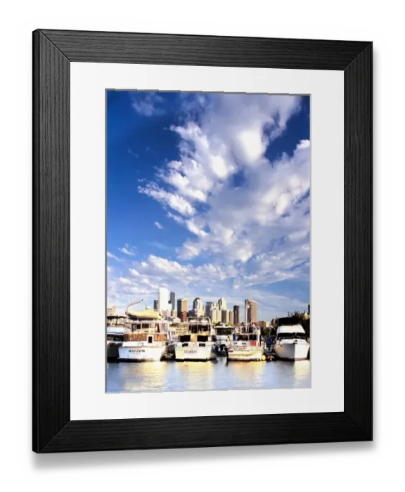 Framed Print : The sun sets on a marina on Lake Union with Seattle in the background Framed Print : The sun sets on a marina on Lake Union with Seattle in the background