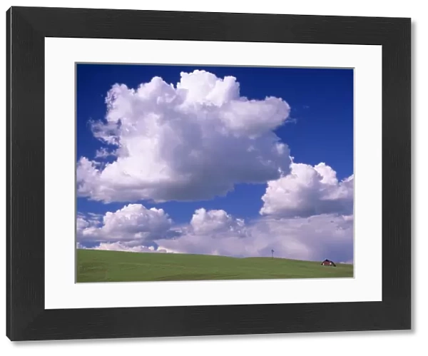 WA, Whitman County, Palouse, barn and windmill with clouds