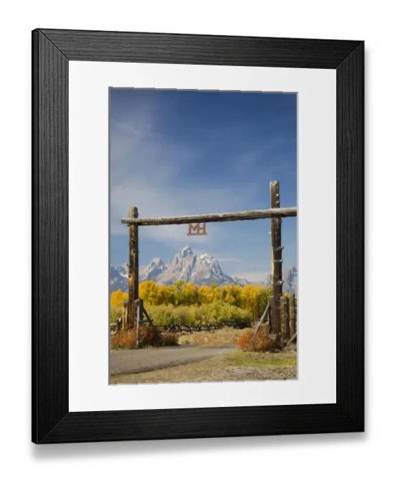 Framed Print : WY, Grand Teton National Park, Teton Range and Cottonwood trees with ranch gateway Framed Print : WY, Grand Teton National Park, Teton Range and Cottonwood trees with ranch gateway