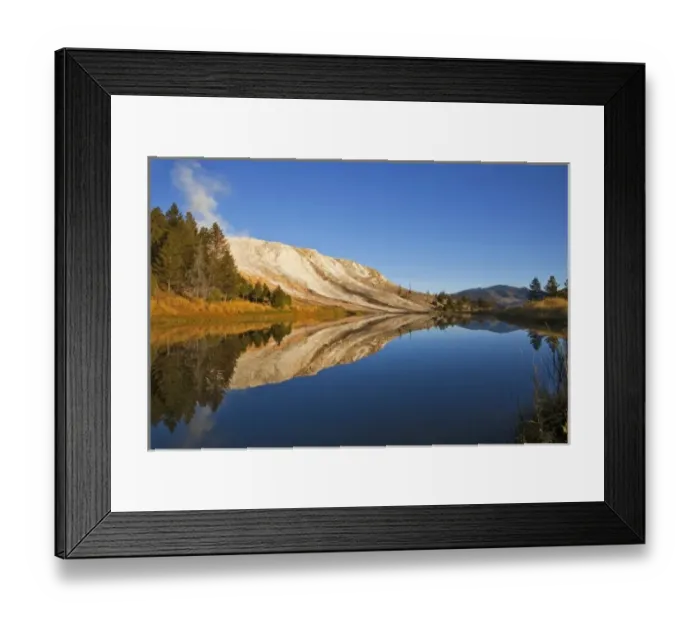 Framed Print : Canary Springs Terrace reflects in small pond at the Mammoth Hot Springs area in
