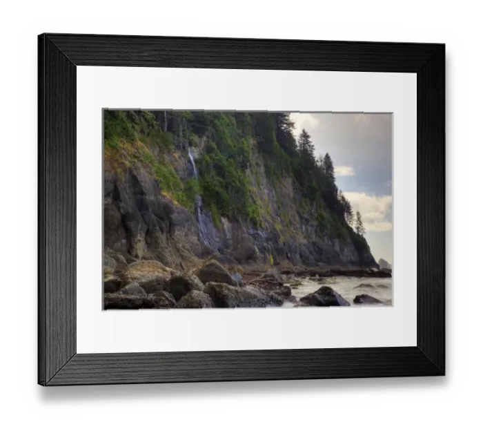 Framed Print : USA, Washington, Olympic National Park, Third Beach, Waterfall over beach cliff Framed Print : USA, Washington, Olympic National Park, Third Beach, Waterfall over beach cliff