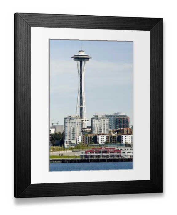 Framed Print : USA, WA, Seattle. Pier 70, Space Needle and waterfront condos from Bainbridge Ferry Framed Print : USA, WA, Seattle. Pier 70, Space Needle and waterfront condos from Bainbridge Ferry