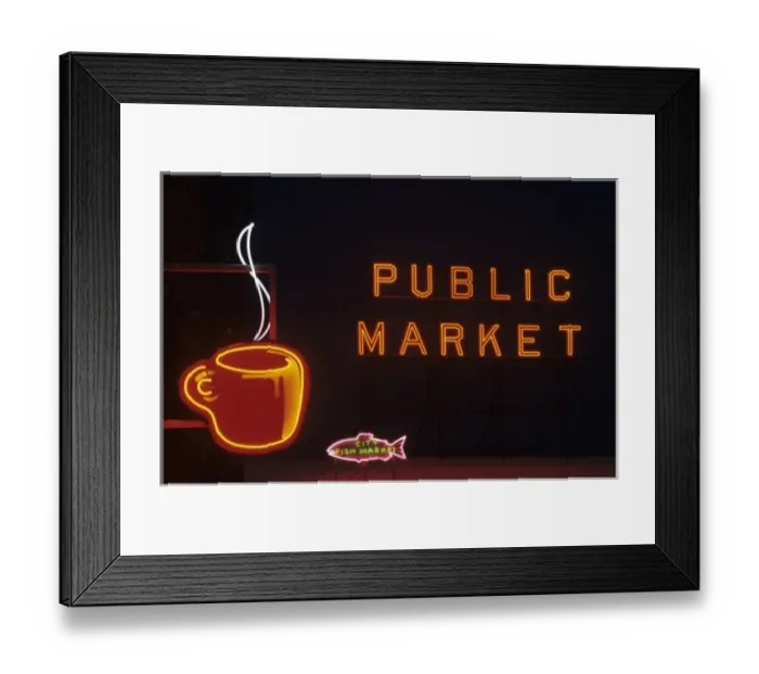 Framed Print : WA, Seattle, Public Market sign with neon coffee mug at Pike Place Market