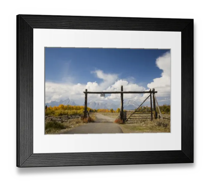 Framed Print : WY, Grand Teton National Park, Teton Range and Cottonwood trees with ranch gateway Framed Print : WY, Grand Teton National Park, Teton Range and Cottonwood trees with ranch gateway