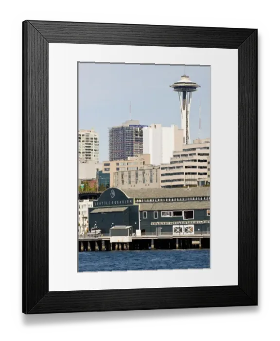 Framed Print : USA, WA, Seattle. Seattle Aquarium, Space Needle and waterfront condos from Bainbridge Ferry