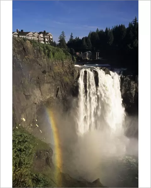 WA, Snoqualmie, Snoqualmie Falls and Salish Lodge with rainbow, 268 falls
