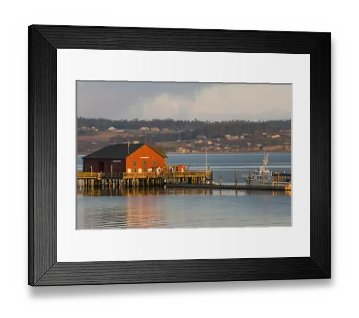 Framed Print : USA, WA, Whidbey Island, Coupeville. Wharf and whale watching boat at first light Framed Print : USA, WA, Whidbey Island, Coupeville. Wharf and whale watching boat at first light