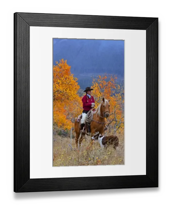 Framed Print : A cowgirl on her horse with her dog in a fall landscaped area of Shell Wyoming IN the Big Horn MT Framed Print : A cowgirl on her horse with her dog in a fall landscaped area of Shell Wyoming IN the Big Horn MT