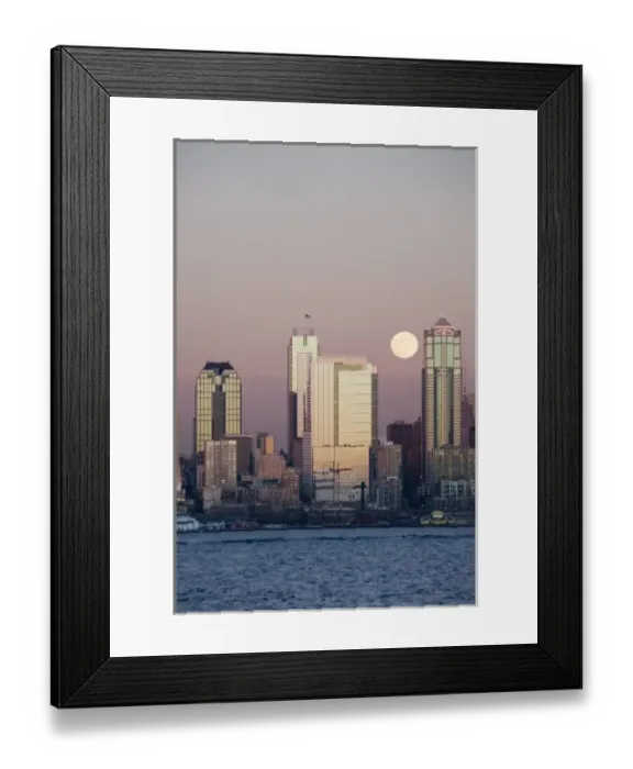 Framed Print : WA, Seattle, Seattle skyline and Elliott Bay with full moon rising, view from Alki Framed Print : WA, Seattle, Seattle skyline and Elliott Bay with full moon rising, view from Alki