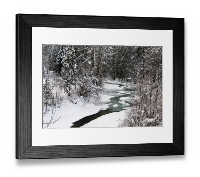 Framed Print : Winter Stream winding through Forest, Methow Valley, Washington Framed Print : Winter Stream winding through Forest, Methow Valley, Washington