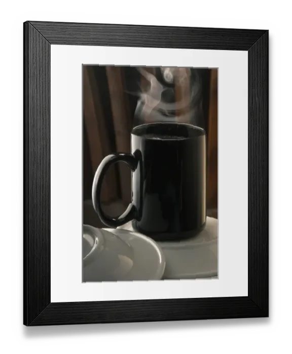 Framed Print : A hot beverage in a black mug Framed Print : A hot beverage in a black mug