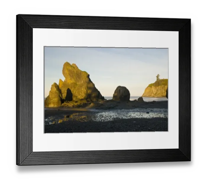 Framed Print : USA, WA, Olympic National Park. Sea stacks on Ruby Beach early morning with full