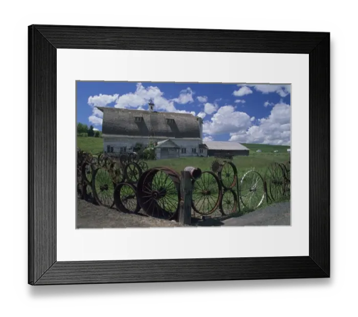 Framed Print : WA, Whitman County; Uniontown, wheel fence and barn Framed Print : WA, Whitman County; Uniontown, wheel fence and barn