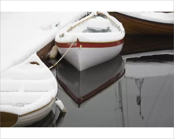 WA, Seattle, Center for Wooden Boats, Lake Union, with fresh snow