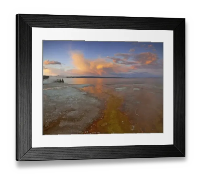 Framed Print : Colorful mineral deposits emit from Black Pool geyser in the West Thumb Geyser Basin