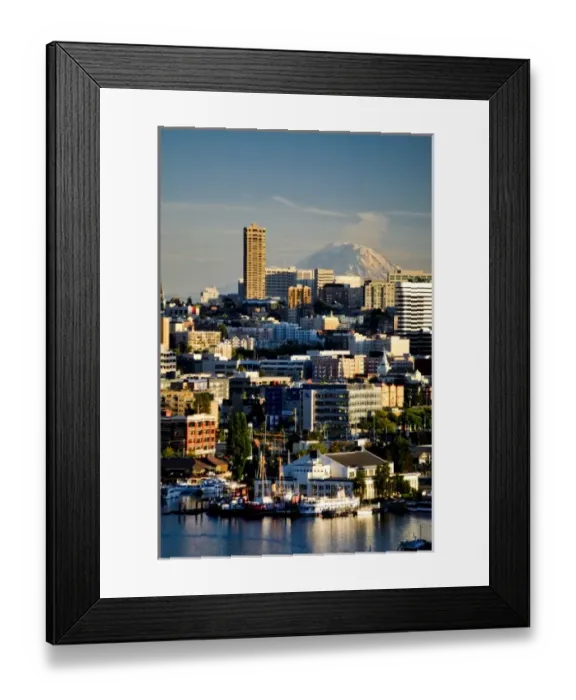 Framed Print : USA, Washington, Seattle. Mt. Rainier looms large over downtown Seattle on Lake Union Framed Print : USA, Washington, Seattle. Mt. Rainier looms large over downtown Seattle on Lake Union
