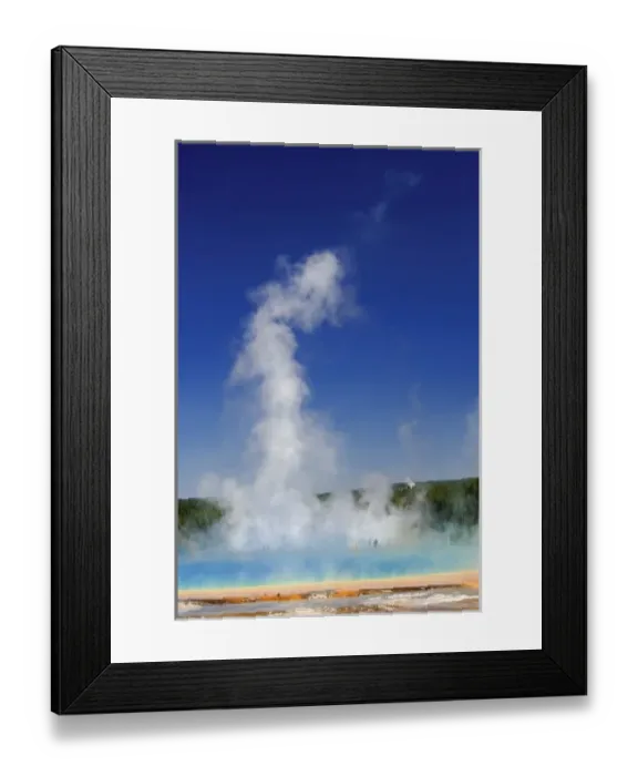 Framed Print : National Park visitors in mist and colorful red bacterial mat around perimeter of