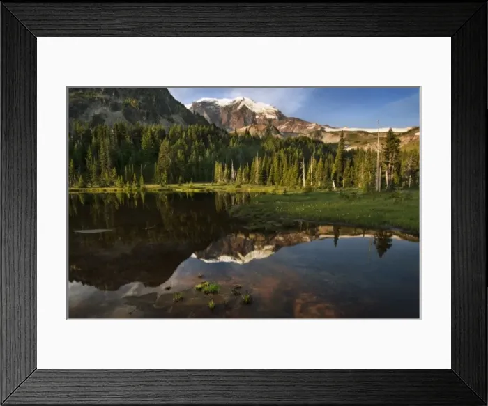 Framed Print : Mineral Mountain and Mount Rainier reflected in Mystic Lake, Mount Rainier National Park