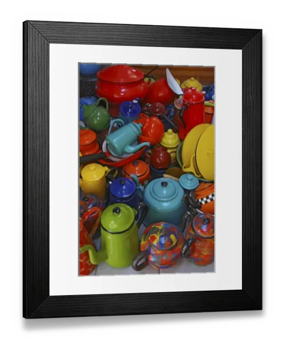Framed Print : USA, Variety of antique enamelware teapots, coffeepots, pitchers, saucepans, cups and soup tureens Framed Print : USA, Variety of antique enamelware teapots, coffeepots, pitchers, saucepans, cups and soup tureens