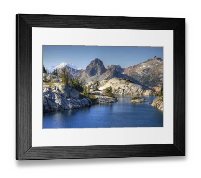 Framed Print : WA, Alpine Lakes Wilderness, Lower Robin Lake, with Cathedral Rock and Mount Rainier Framed Print : WA, Alpine Lakes Wilderness, Lower Robin Lake, with Cathedral Rock and Mount Rainier