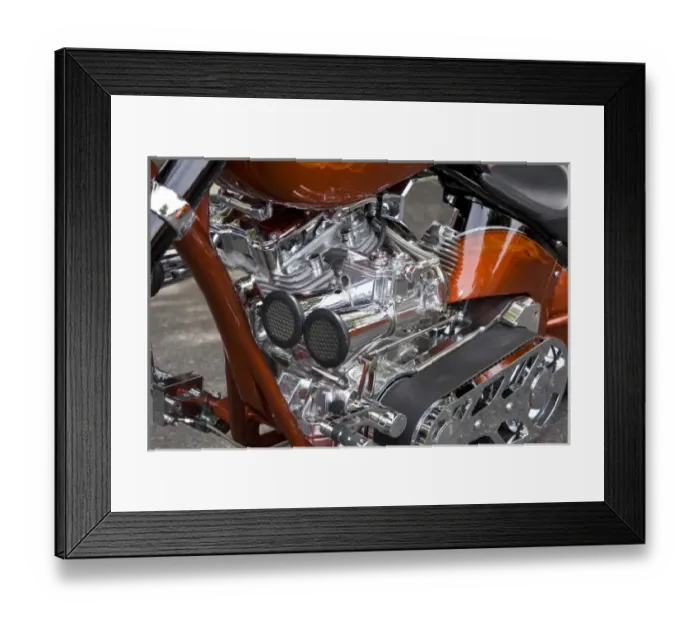 Framed Print : nostalgia, transportation, American, motorcycle, custom, chrome, engine