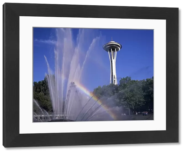 WA, Seattle, Space Needle with International Fountain and Rainbow