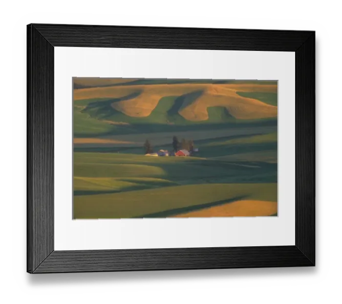 Framed Print : USA, Washington, Palouse County, Steptoe Butte. Red barn with rolling green and gold