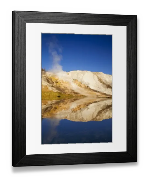 Framed Print : Canary Springs Terrace reflects in small pond at the Mammoth Hot Springs area in Framed Print : Canary Springs Terrace reflects in small pond at the Mammoth Hot Springs area in