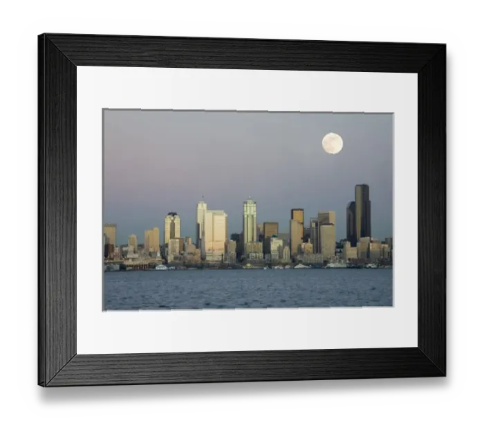 Framed Print : WA, Seattle, Seattle skyline and Elliott Bay with full moon rising, view from Alki Framed Print : WA, Seattle, Seattle skyline and Elliott Bay with full moon rising, view from Alki