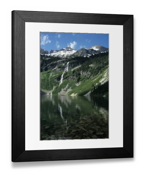 Framed Print : WA, Okanogan NF, Rainy Lake with view of Lyall galcier and Frisco Mountains