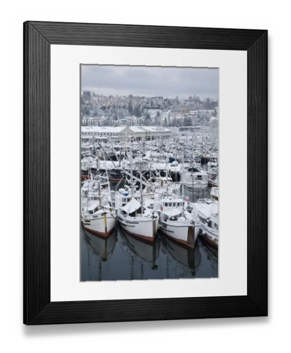 Framed Print : WA, Seattle, Fishermens Terminal, Fishing boats with snow Framed Print : WA, Seattle, Fishermens Terminal, Fishing boats with snow