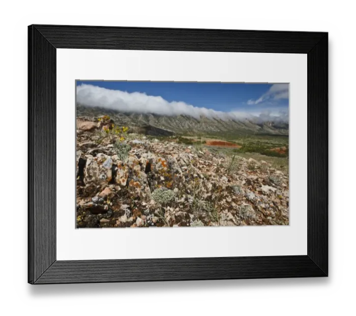 Framed Print : Lichen covered rocks and clouds rolling over Wyoming cliffs, USA, June Framed Print : Lichen covered rocks and clouds rolling over Wyoming cliffs, USA, June