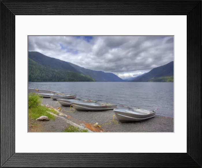 Framed Print : USA, Washington, Olympic National Park, Lake Crescent, boats at the shore Framed Print : USA, Washington, Olympic National Park, Lake Crescent, boats at the shore